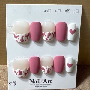 Pink Cow Print Heart Press On Nails Matte Medium Square Coffin Set